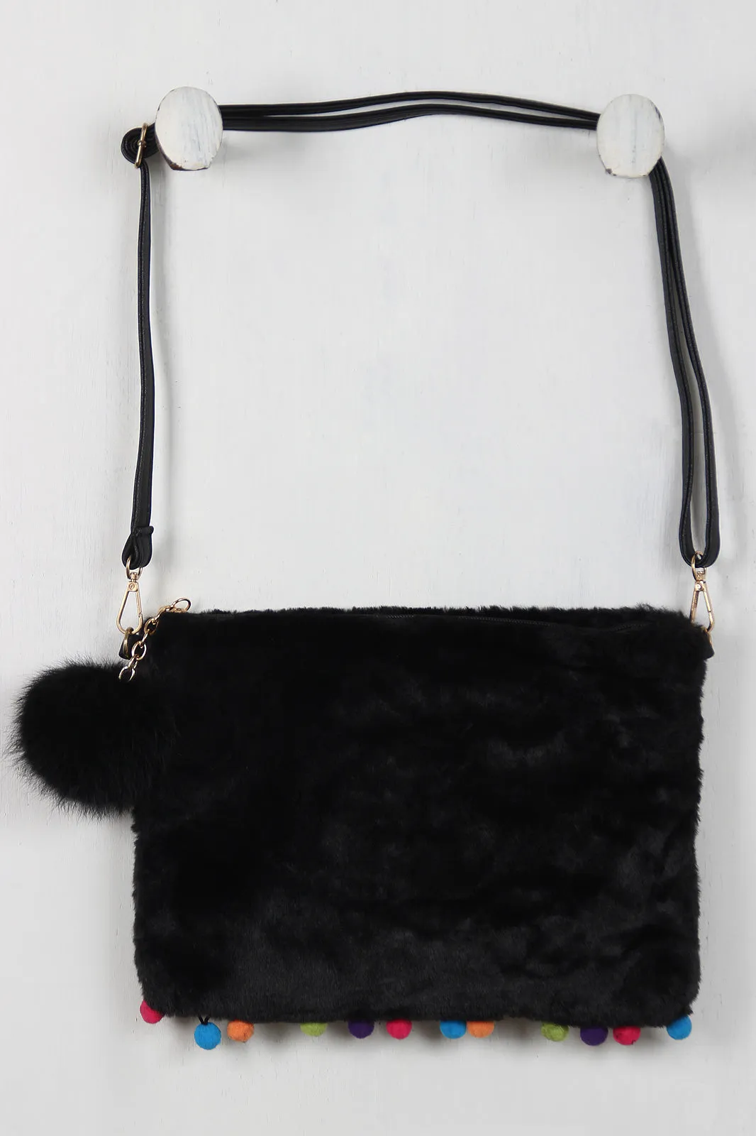 Furry Pom Pom Cross Body Pouch