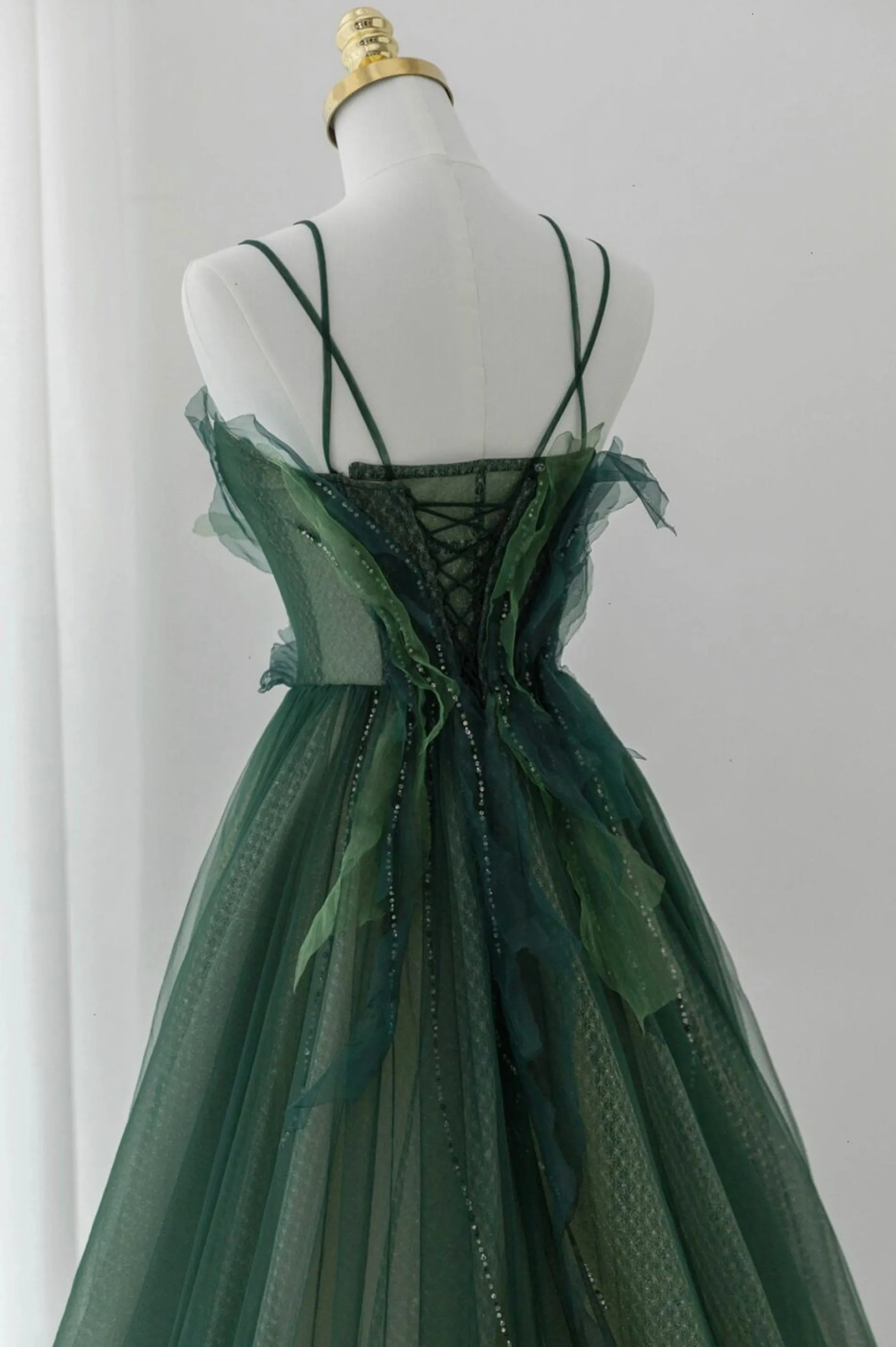 Green Tulle Long A-Line Prom Dress, Spaghetti Straps Evening Dress