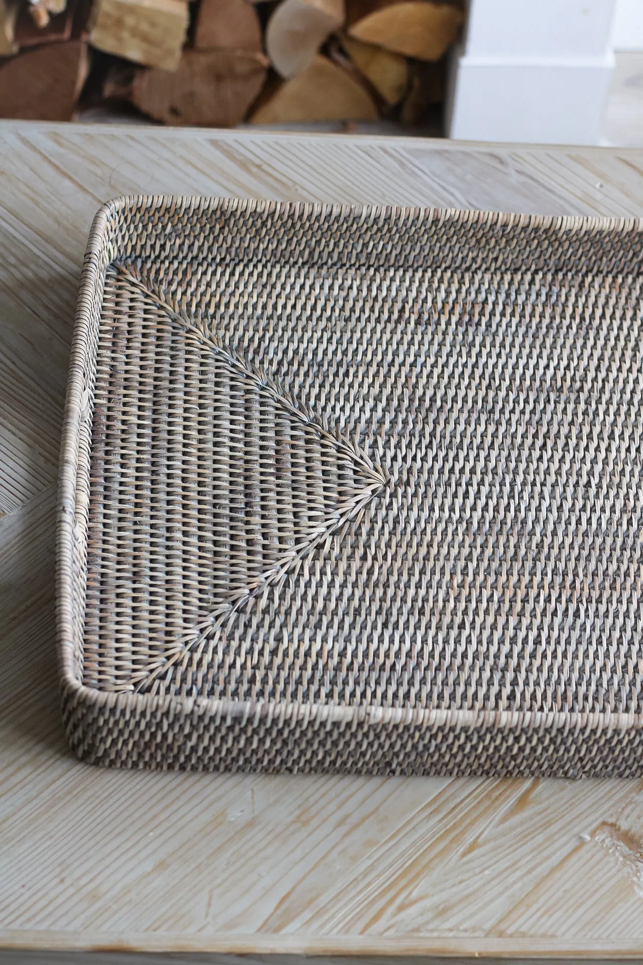 Grey Washed Rattan Ottoman Tray