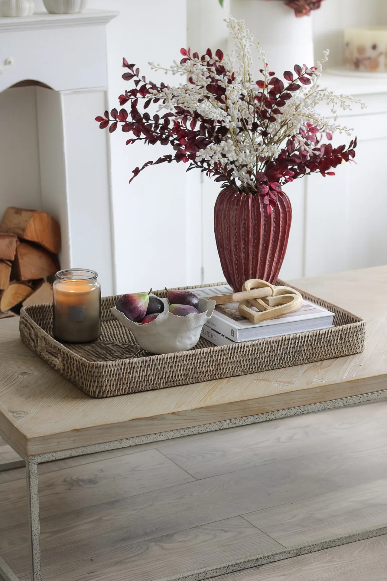 Grey Washed Rattan Ottoman Tray