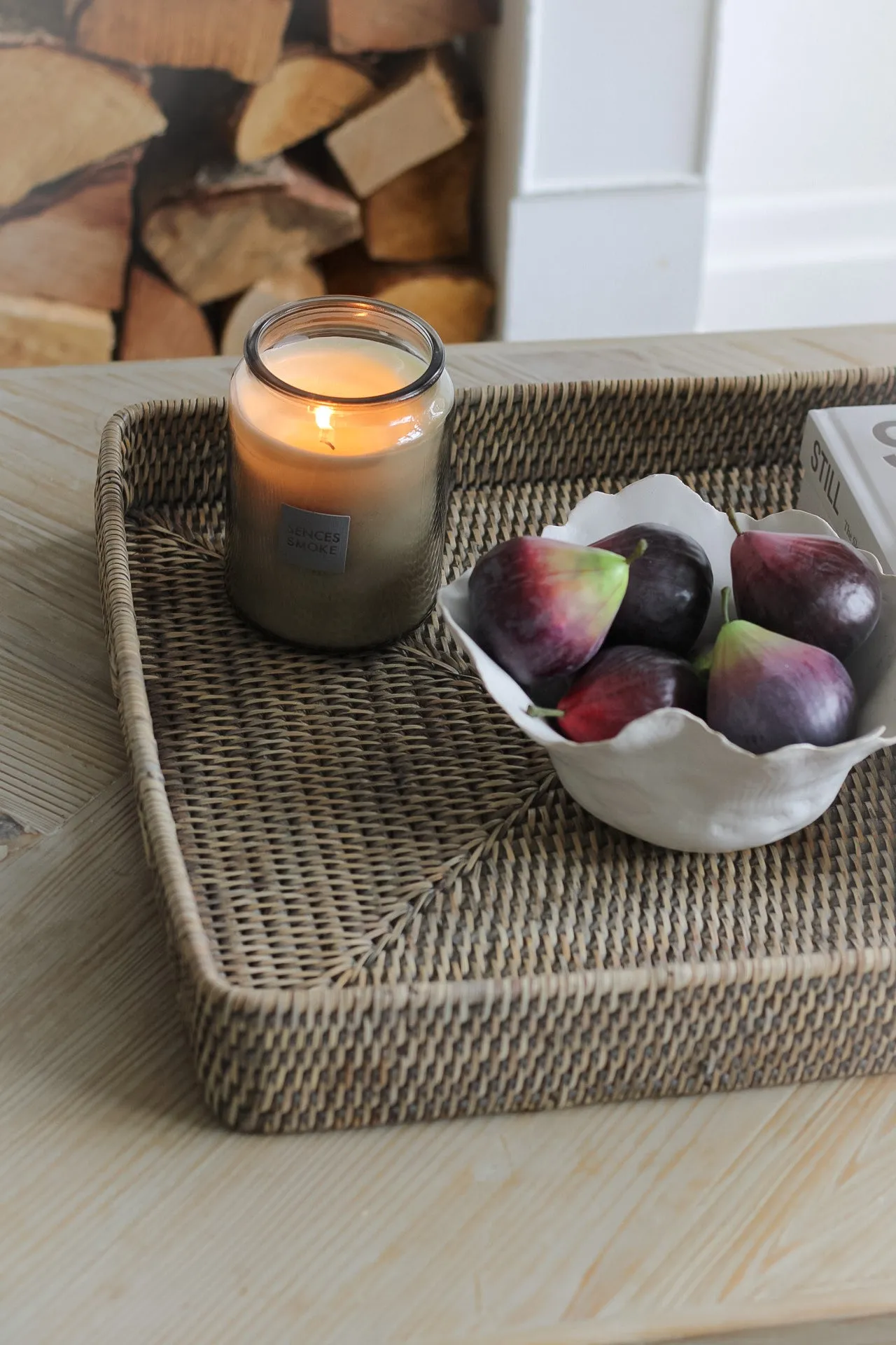 Grey Washed Rattan Ottoman Tray