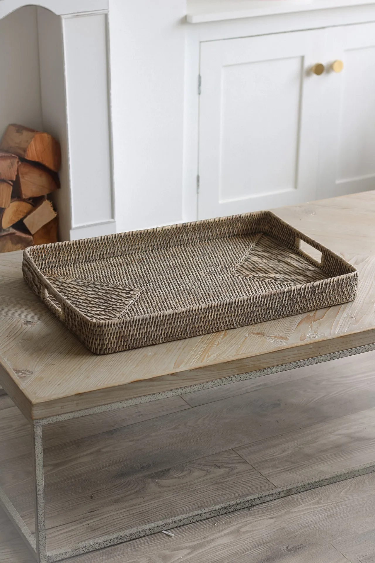 Grey Washed Rattan Ottoman Tray