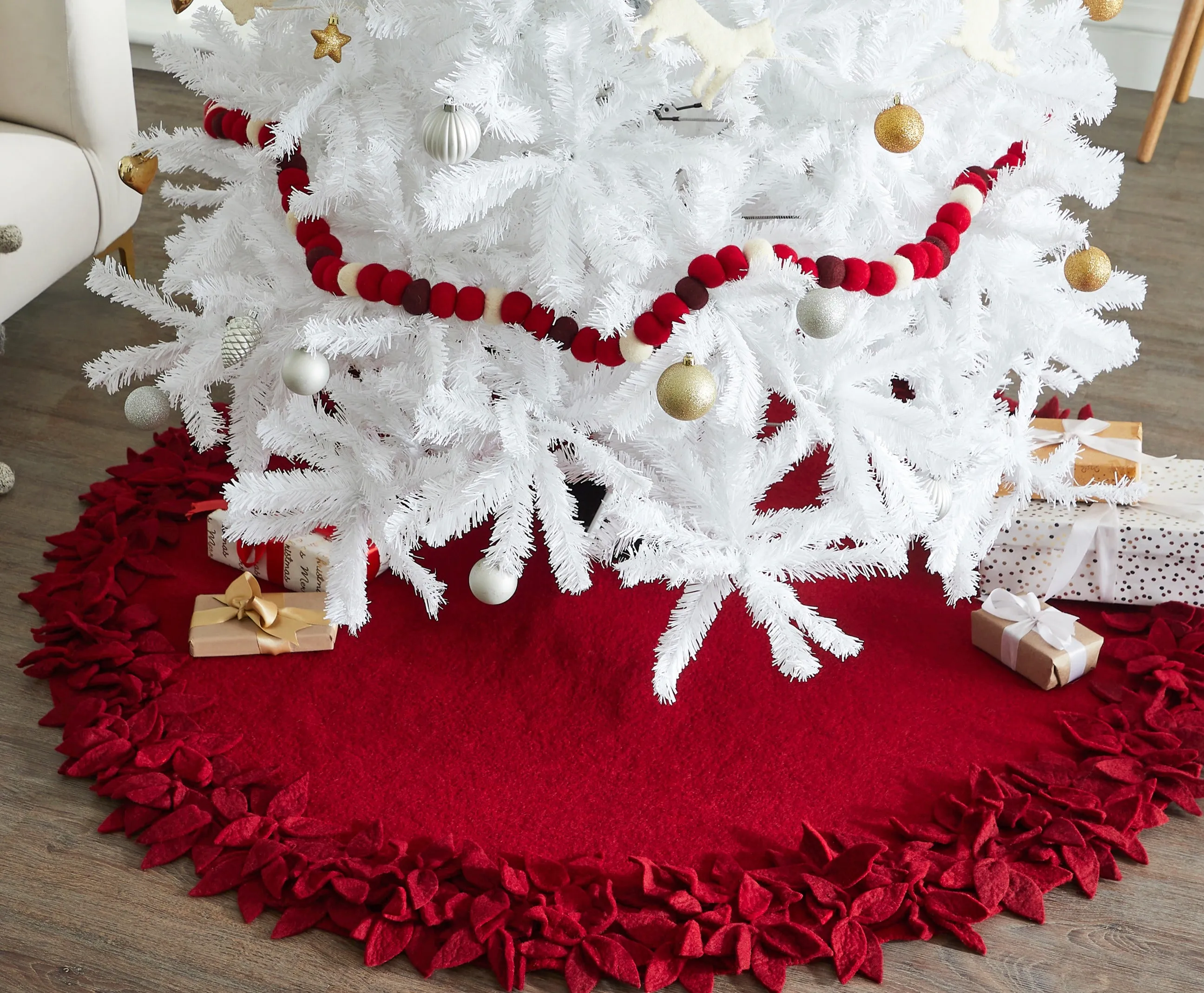 Hand Felted Wool Christmas Tree Skirt - Overlapping Flowers Border in Maroon - 64"/72"