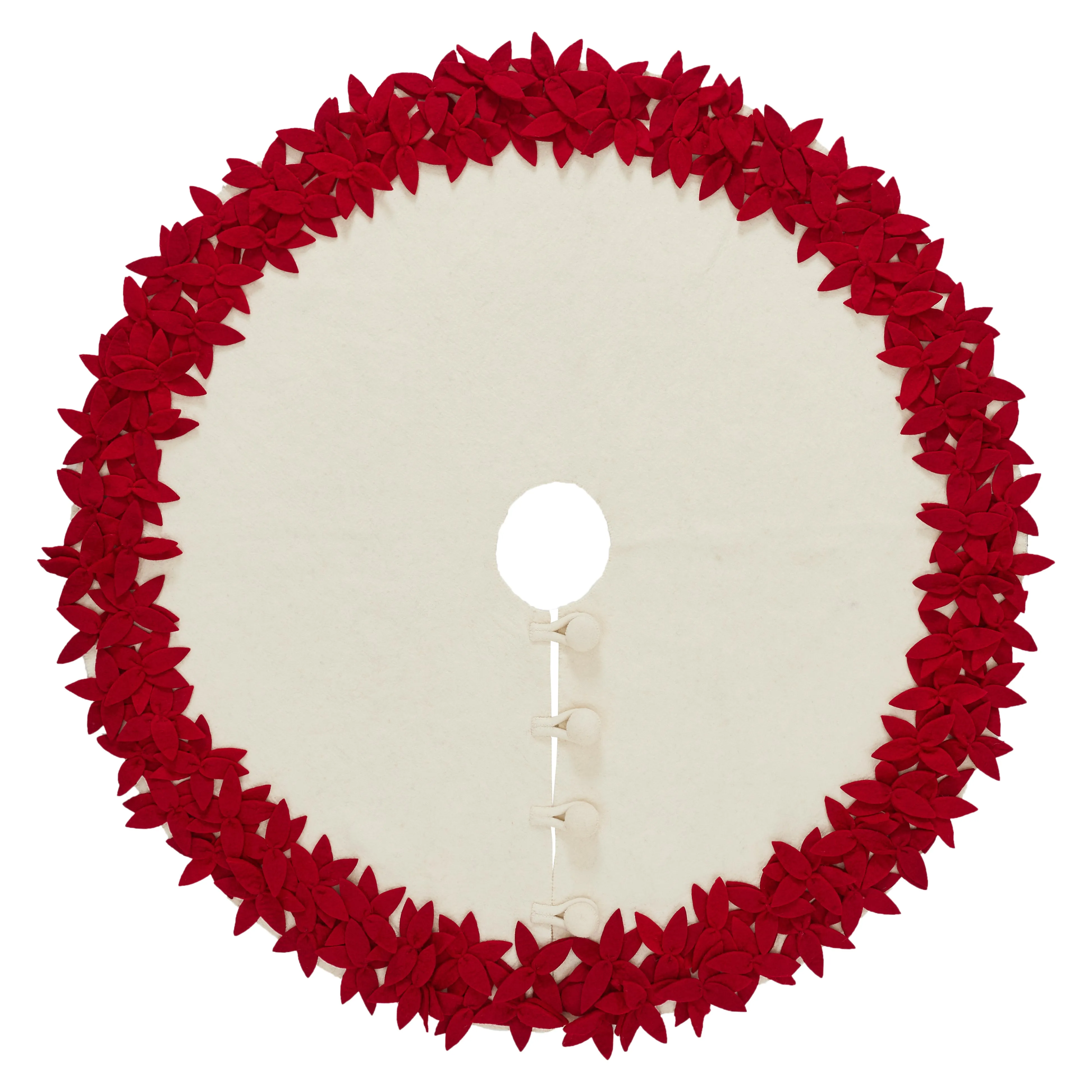 Handmade Felted Wool Christmas Tree Skirt - Overlapping Red Flowers Border on Cream -64"