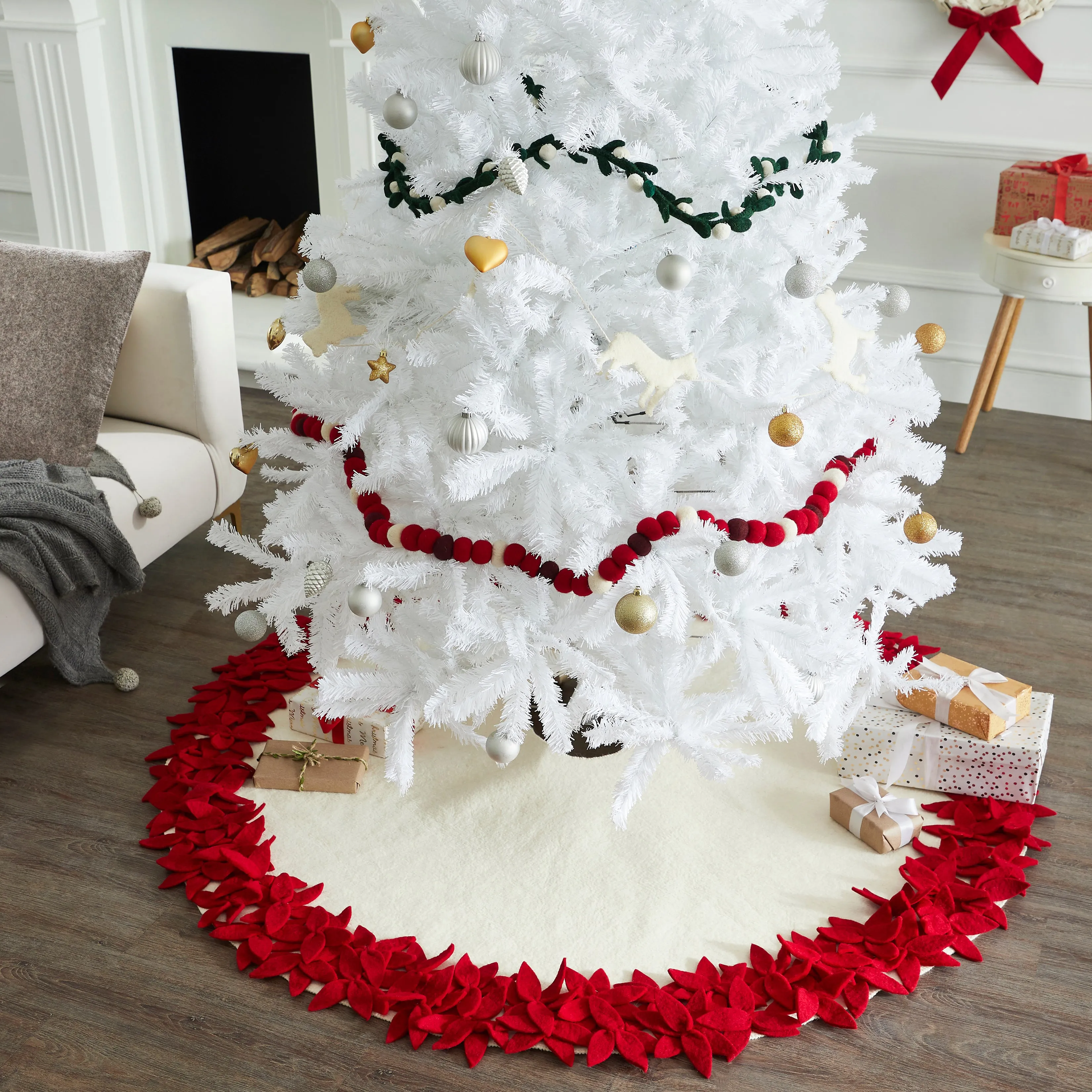 Handmade Felted Wool Christmas Tree Skirt - Overlapping Red Flowers Border on Cream -64"