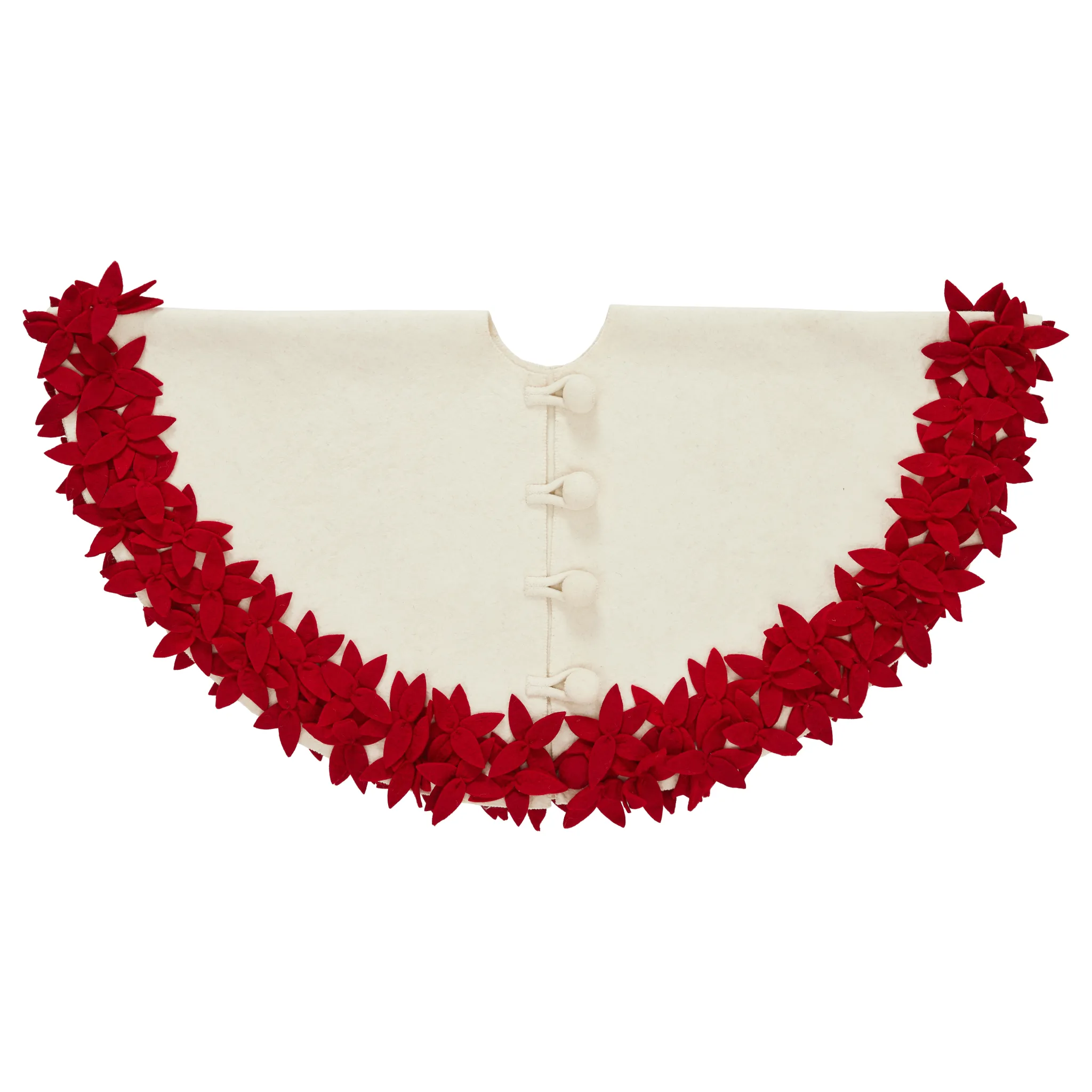 Handmade Felted Wool Christmas Tree Skirt - Overlapping Red Flowers Border on Cream -64"