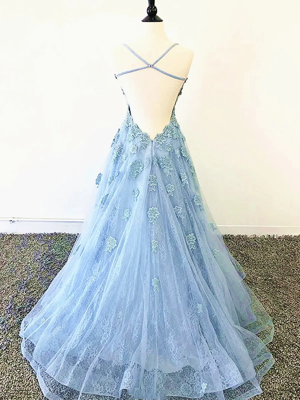 kamahe Blue Backless Lace Prom Dresses, Open Back Blue Lace Formal Evening Graduation Dresses