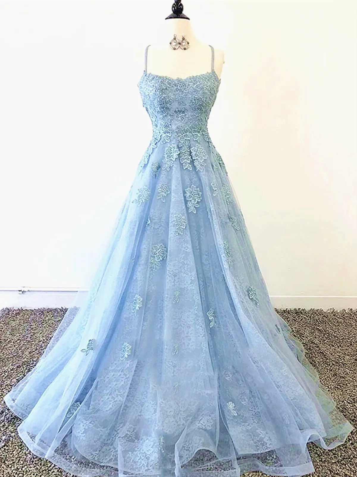 kamahe Blue Backless Lace Prom Dresses, Open Back Blue Lace Formal Evening Graduation Dresses