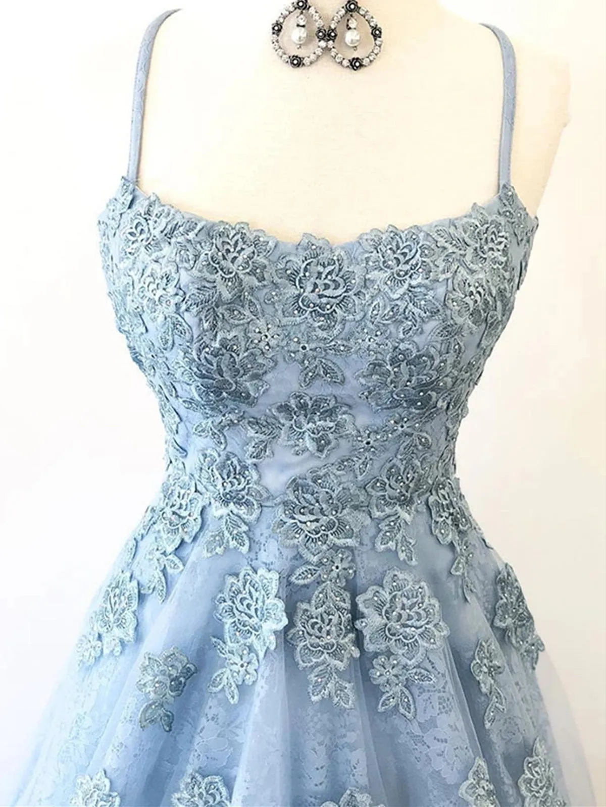 kamahe Blue Backless Lace Prom Dresses, Open Back Blue Lace Formal Evening Graduation Dresses