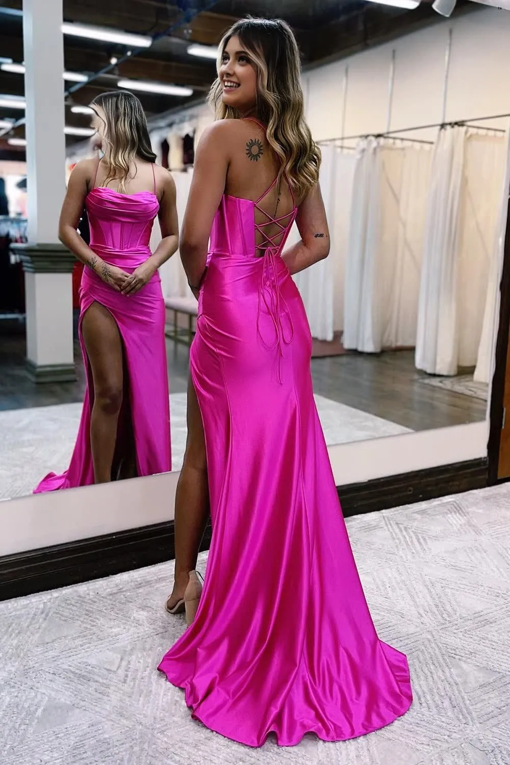 kamahe Hot Pink Spaghetti Straps Satin Mermaid Prom Dress with Slit Formal Evening Dresses