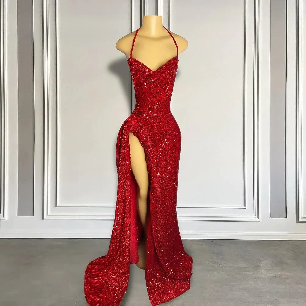 kamahe Red Sequins Prom Dress High Slit Halter Sleeveless Sparkly Long Party Evening Dresses for Black Girls