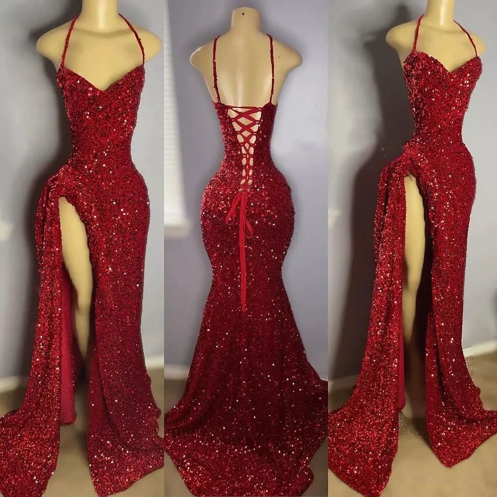 kamahe Red Sequins Prom Dress High Slit Halter Sleeveless Sparkly Long Party Evening Dresses for Black Girls