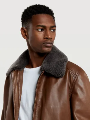 Leather aviator jacket with detachable recycled fur