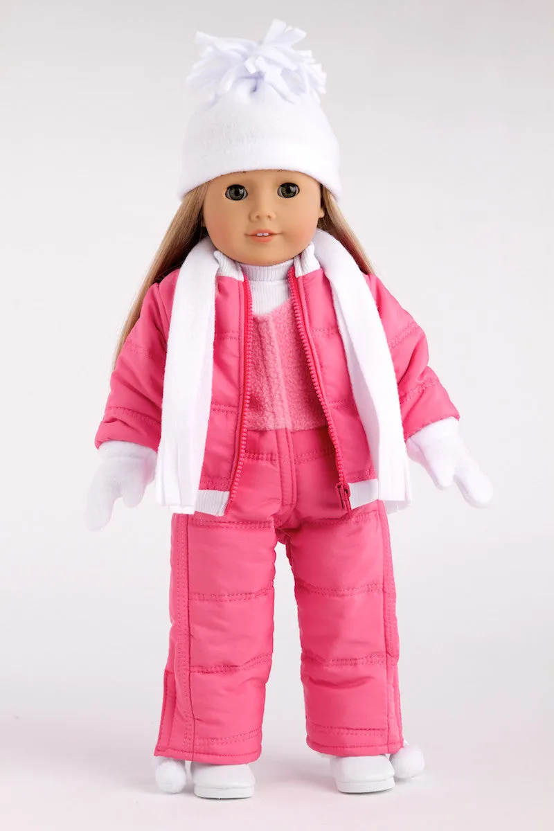 Let It Snow - Clothes for 18 inch Doll - 7 Piece Complete Snowsuit - Pink Snow Pants and Jacket, White Turtle Neck, Hat, Scarf, Mittens and Boots