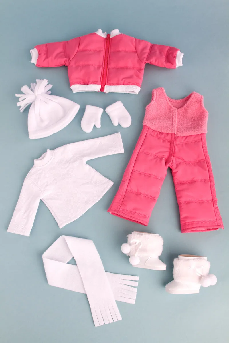 Let It Snow - Clothes for 18 inch Doll - 7 Piece Complete Snowsuit - Pink Snow Pants and Jacket, White Turtle Neck, Hat, Scarf, Mittens and Boots