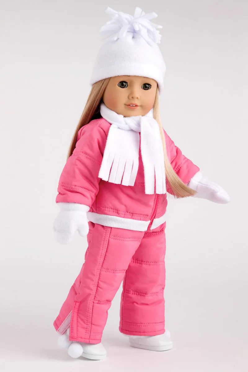 Let It Snow - Clothes for 18 inch Doll - 7 Piece Complete Snowsuit - Pink Snow Pants and Jacket, White Turtle Neck, Hat, Scarf, Mittens and Boots