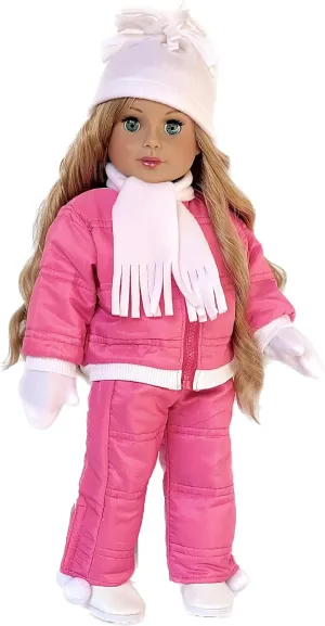 Let It Snow - Clothes for 18 inch Doll - 7 Piece Complete Snowsuit - Pink Snow Pants and Jacket, White Turtle Neck, Hat, Scarf, Mittens and Boots