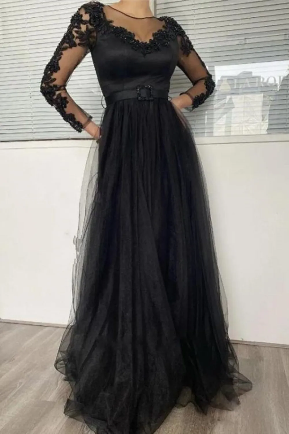 Long Sleeves Black Lace Long Prom Dress,Formal Evening Dresses