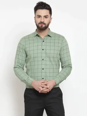 Men's Green Cotton Checked Formal Shirts - Taantav