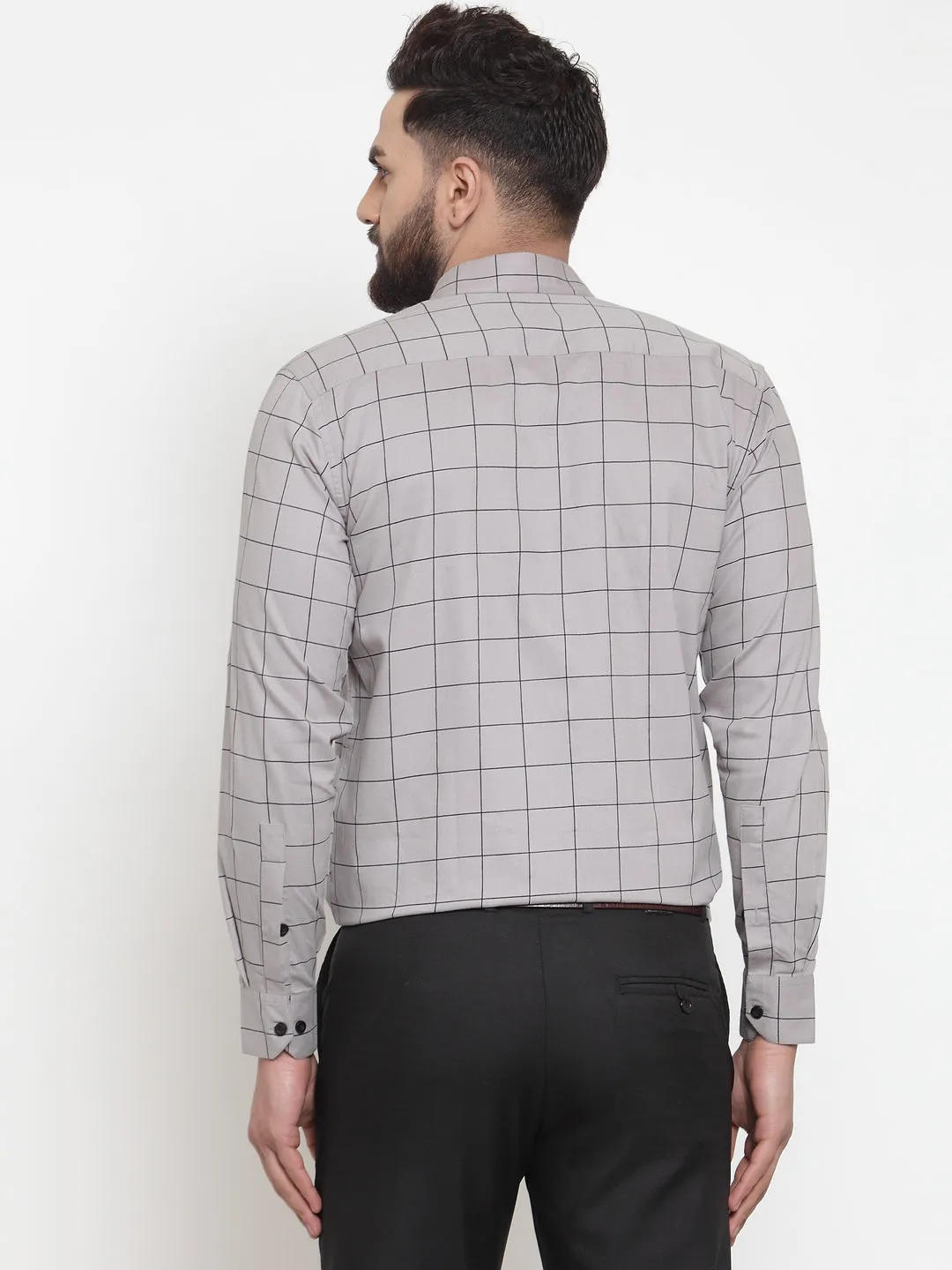 Men's Grey Cotton Checked Formal Shirts ( SF 742Grey ) - Jainish