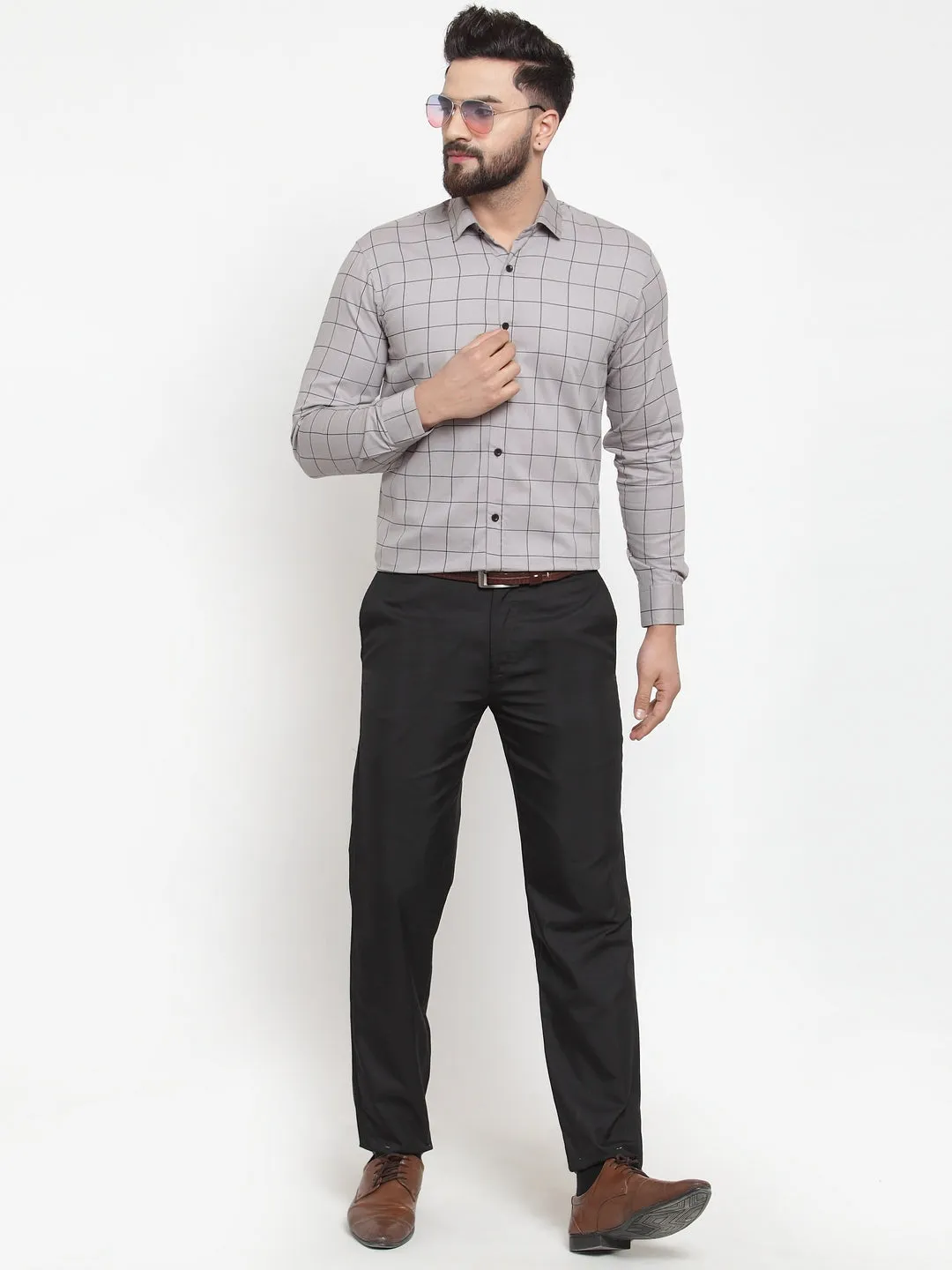 Men's Grey Cotton Checked Formal Shirts ( SF 742Grey ) - Jainish