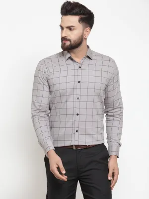 Men's Grey Cotton Checked Formal Shirts ( SF 742Grey ) - Jainish