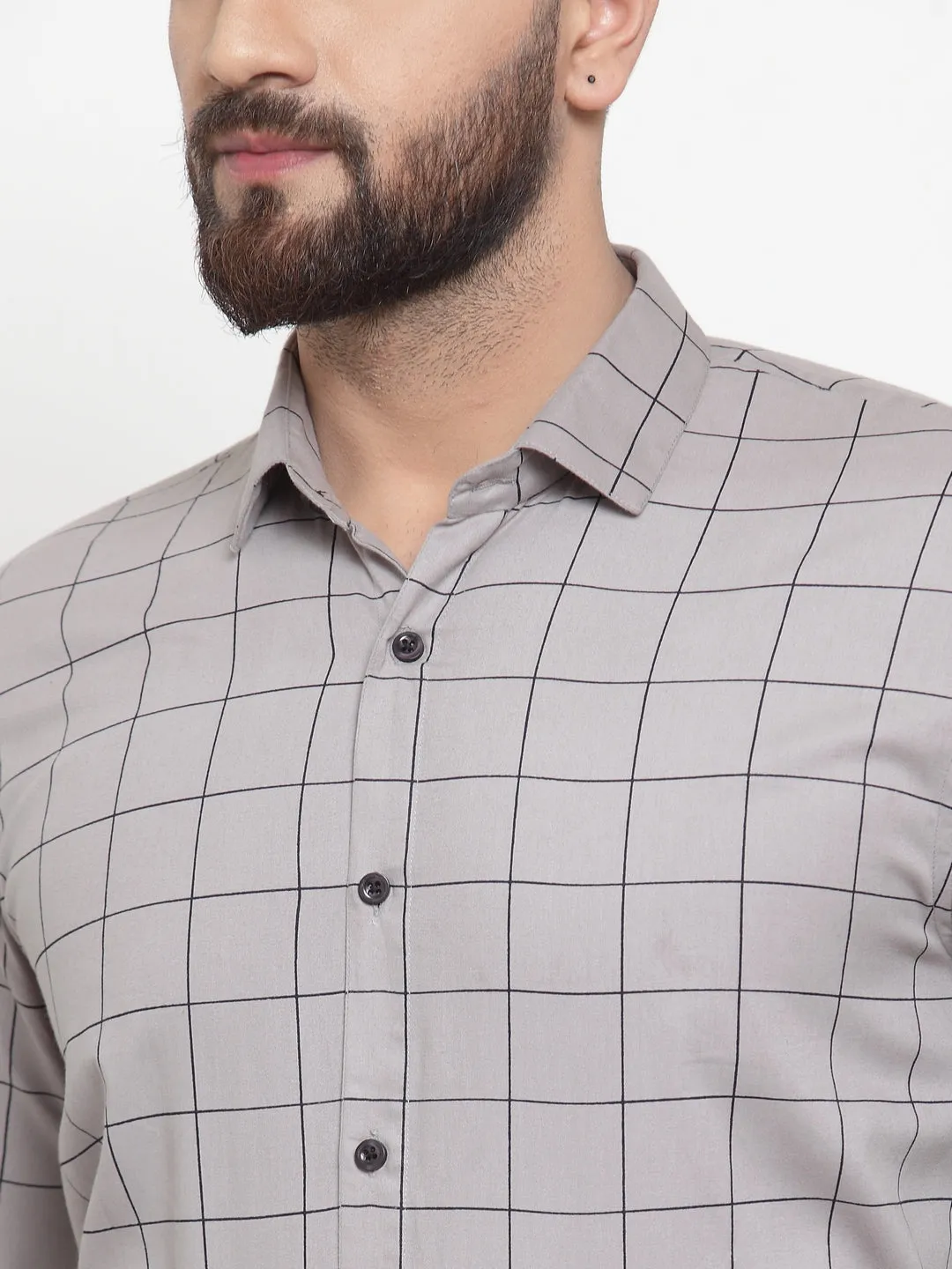 Men's Grey Cotton Checked Formal Shirts ( SF 742Grey ) - Jainish