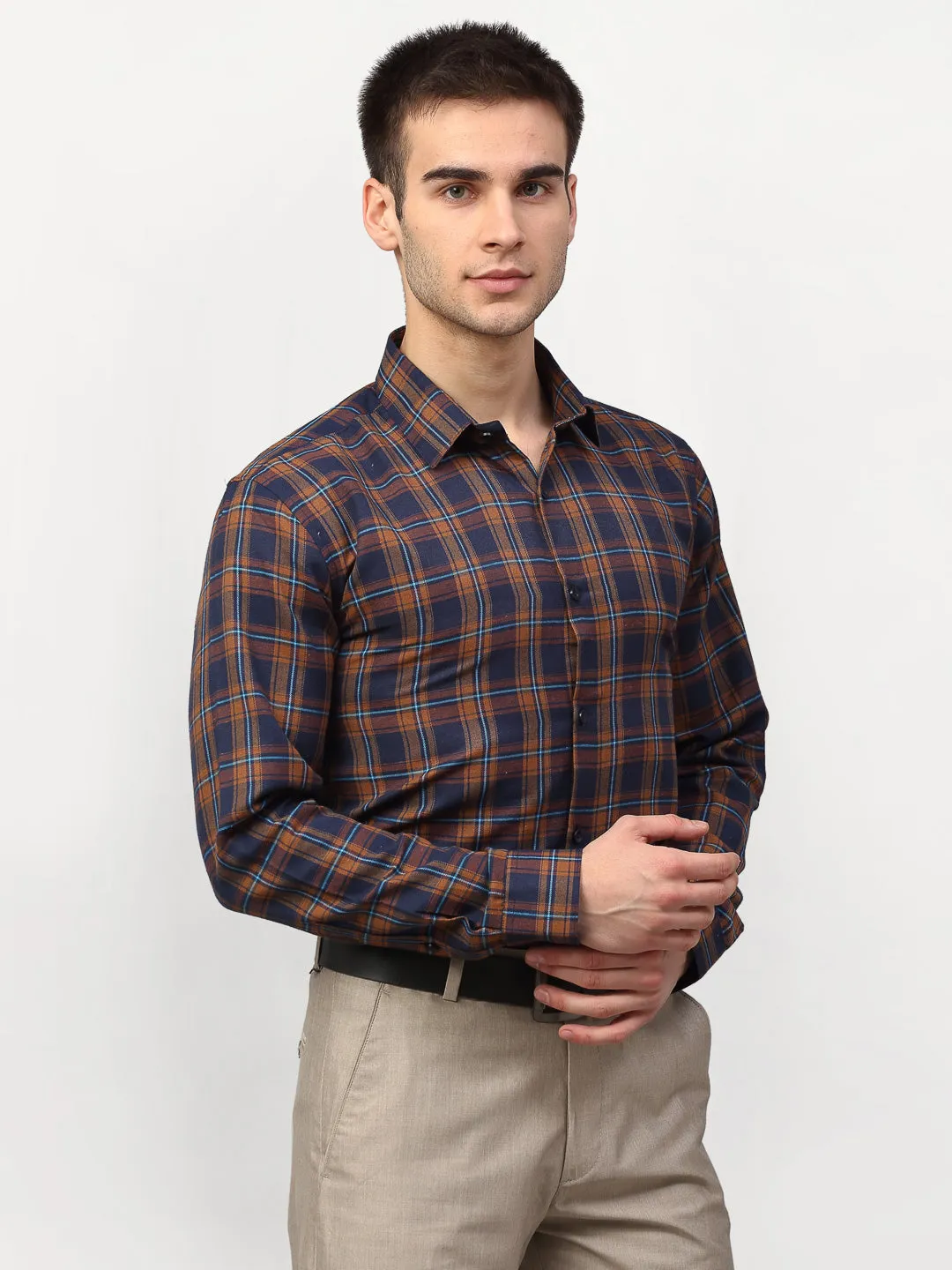 Men's Orange Checked Formal Shirts ( SF 781Orange-Blue ) - Jainish