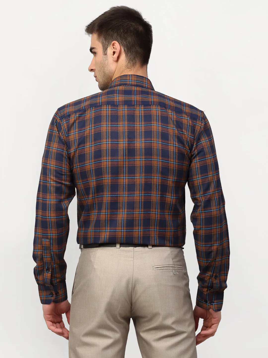 Men's Orange Checked Formal Shirts ( SF 781Orange-Blue ) - Jainish