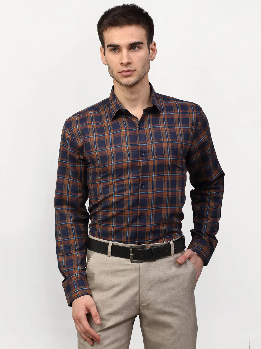 Men's Orange Checked Formal Shirts ( SF 781Orange-Blue ) - Jainish