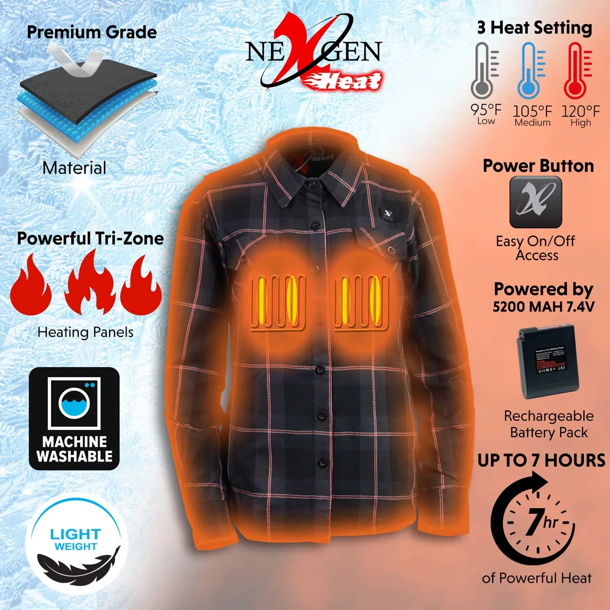 NexGen Heat Women’s NXL2602SET 'Bonnie' Black - Grey Heated Flannel Sleeve Shirt for Outdoor Activities w/Battery