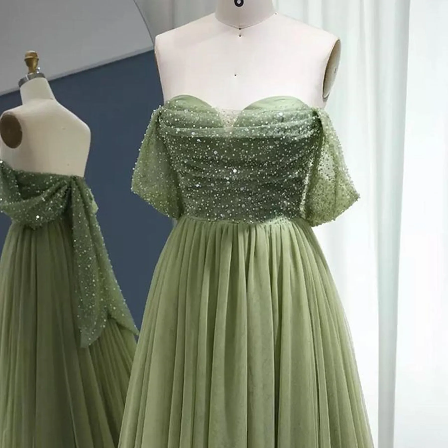 Off the Shoulder Beaded Green Tulle Long Prom Dress, Off Shoulder Green Formal Dress, Beaded Green Evening Dress