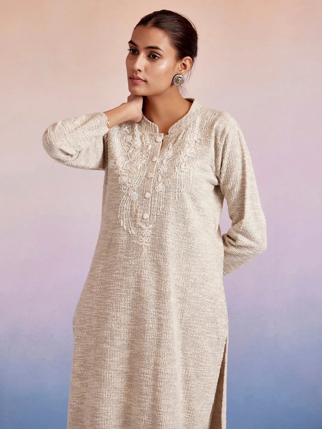 Off White Self Woven Embellished Woolen Kurta Set