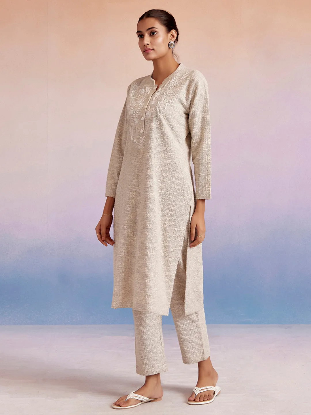 Off White Self Woven Embellished Woolen Kurta Set