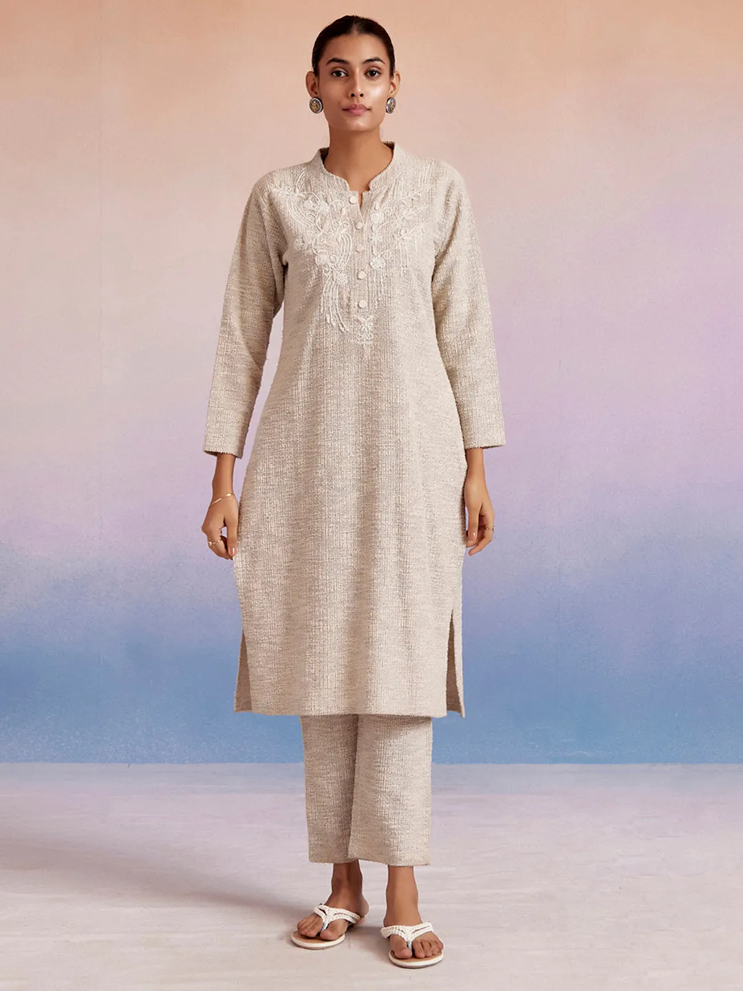 Off White Self Woven Embellished Woolen Kurta Set