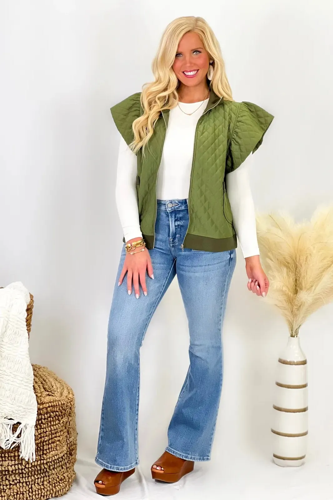 Olive Ruffle Textured Jacket Vest