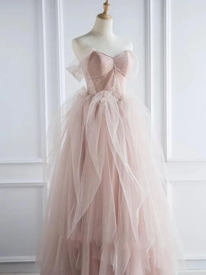 Pink sweetheart tulle long prom dress, pink tulle formal dress