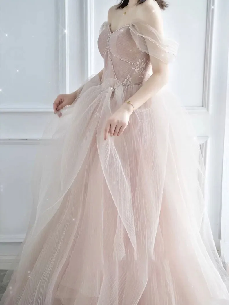 Pink sweetheart tulle long prom dress, pink tulle formal dress