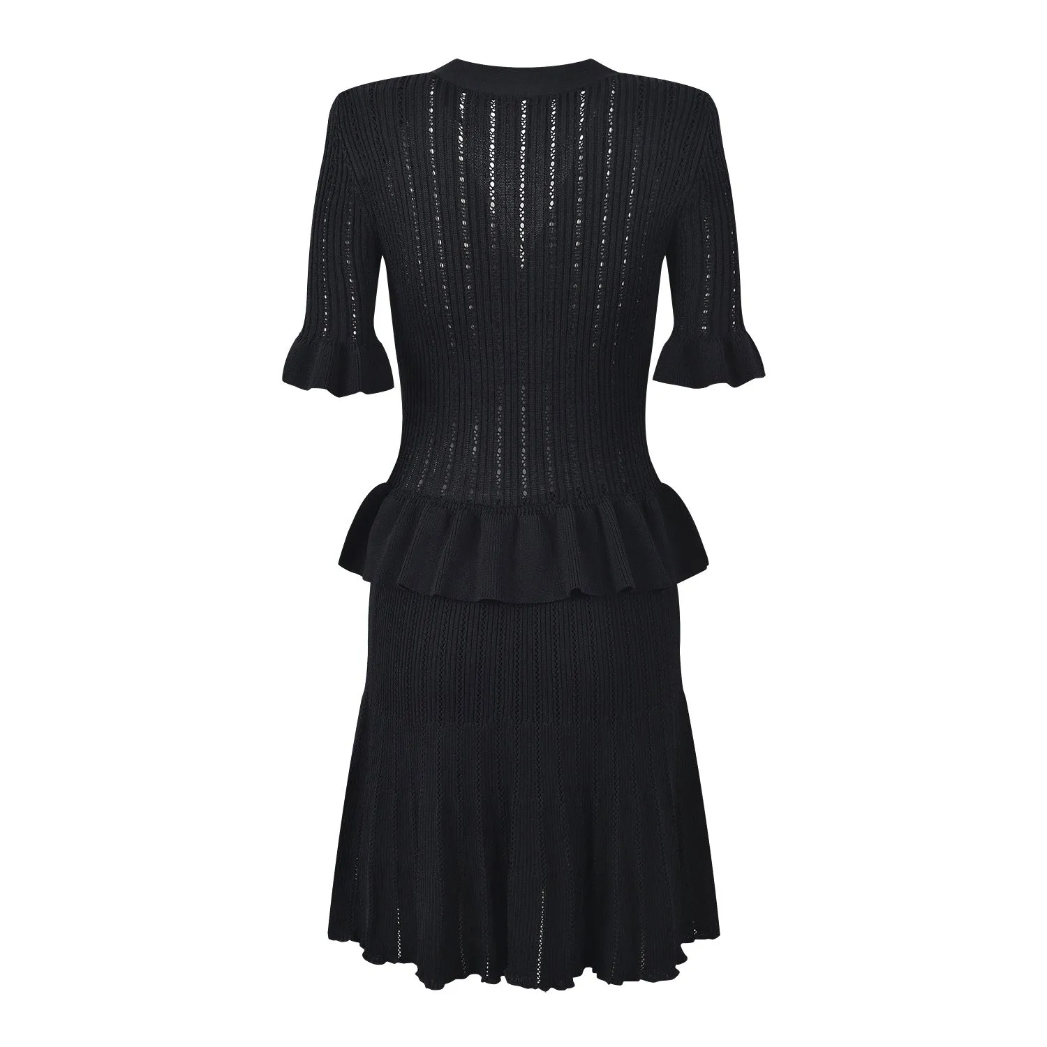 Pre Order:  Solid V-Neck Diamond Buckle Ruffle Edge Knit Dress