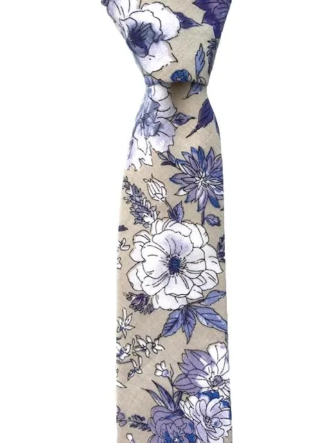 Purple and White Vintage Flower Design on Men's Cotton Necktie