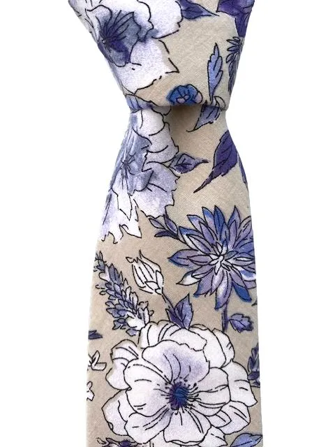 Purple and White Vintage Flower Design on Men's Cotton Necktie