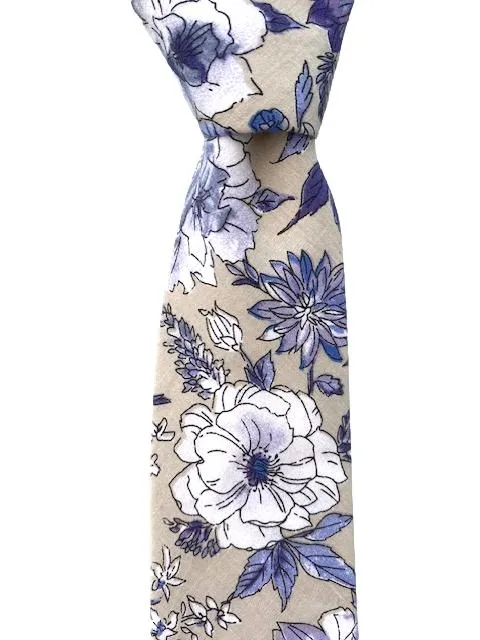 Purple and White Vintage Flower Design on Men's Cotton Necktie