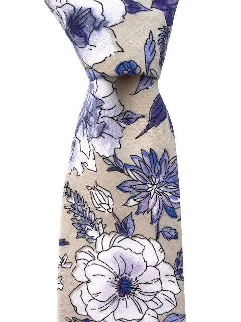 Purple and White Vintage Flower Design on Men's Cotton Necktie