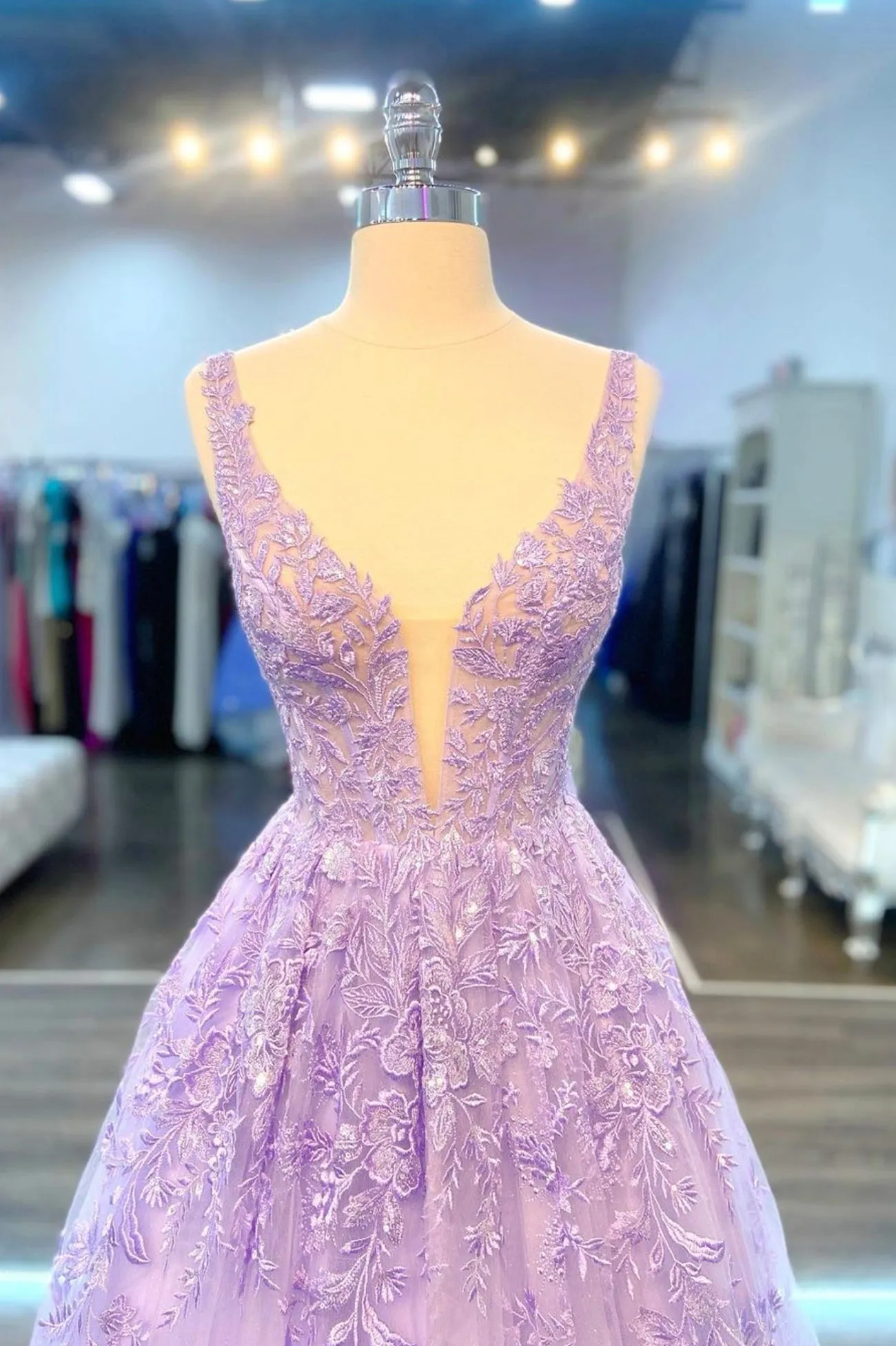 Purple V-Neck Lace Long Prom Dress Purple A-Line Formal Evening Dress