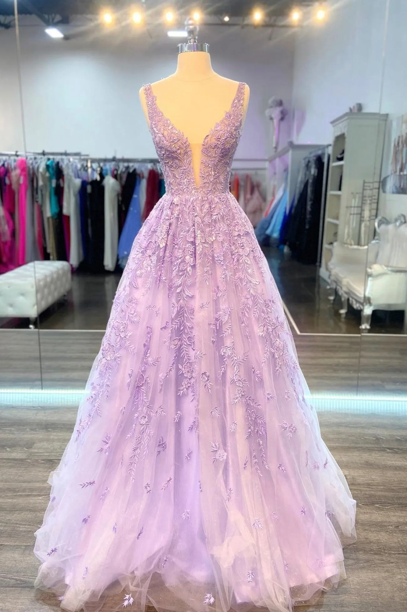 Purple V-Neck Lace Long Prom Dress Purple A-Line Formal Evening Dress