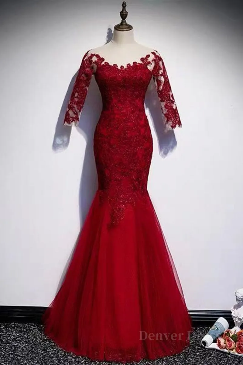 Round Neck Short Sleeves Mermaid Burgundy Lace Long Prom Dress Mermaid Burgundy Lace Formal Dress Wine Red Evening Dress