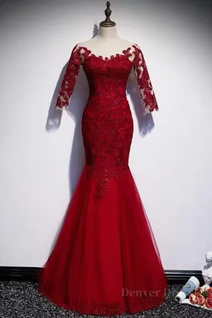 Round Neck Short Sleeves Mermaid Burgundy Lace Long Prom Dress Mermaid Burgundy Lace Formal Dress Wine Red Evening Dress