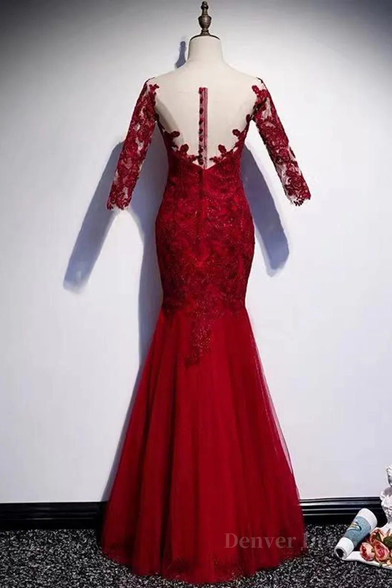 Round Neck Short Sleeves Mermaid Burgundy Lace Long Prom Dress Mermaid Burgundy Lace Formal Dress Wine Red Evening Dress