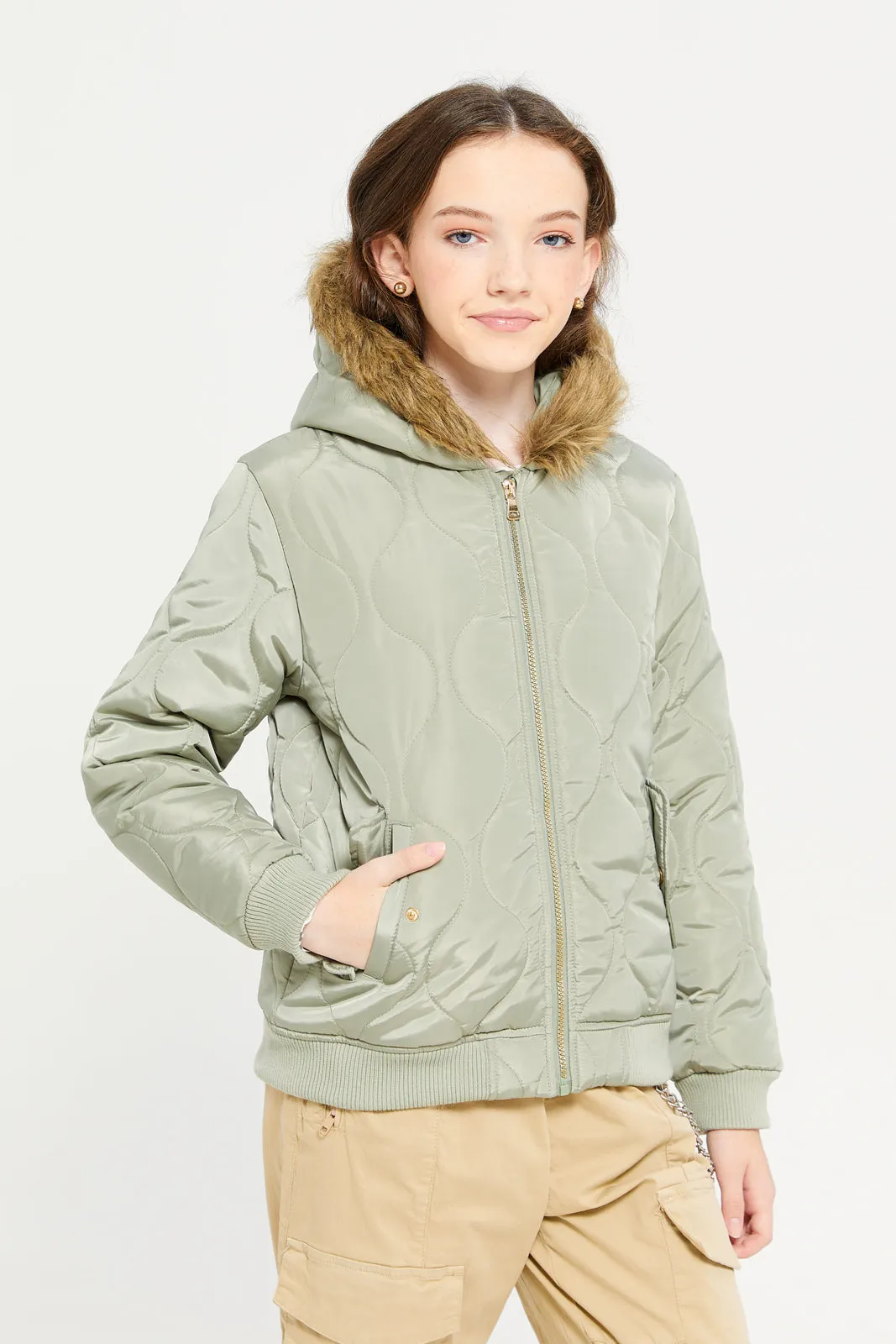 Senior Green Quilted Baseball Jackets With Hooded  Fur