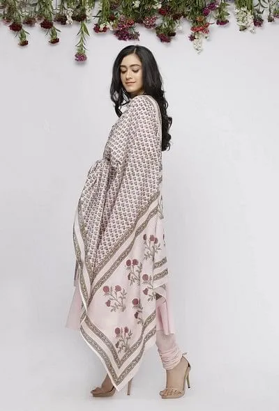 Set of 3: Light Pink Kalidar Cotton Kurta with Cotton Chooridar and  Hand-Block Printed Kota Dupatta